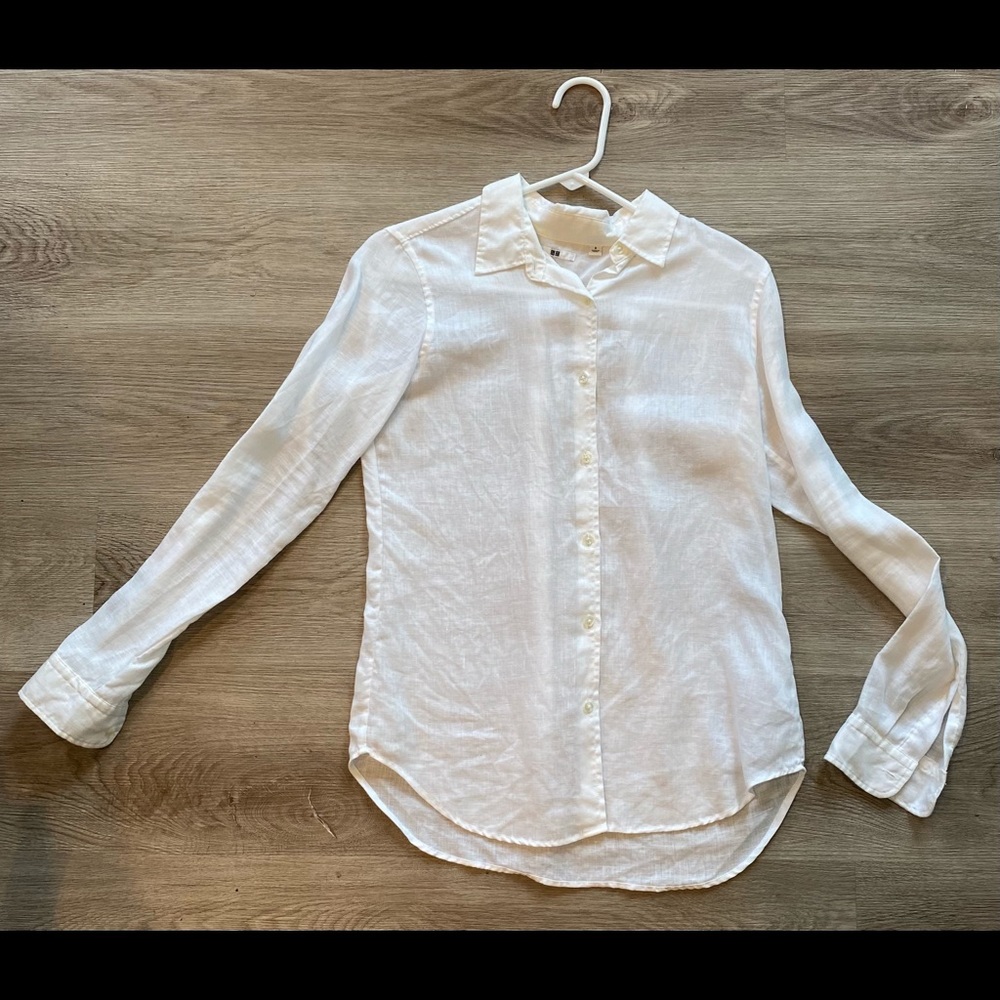 Uniqlo White Linen Button-down Long Sleeve Shirt